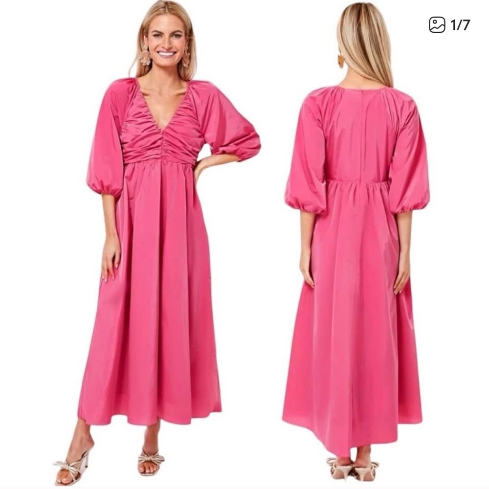 HYACINTH HOUSE Tuckernuck Fuchsia Ruched V-Neck Gia Maxi Dress